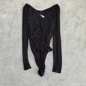 ASTR Womens Ruched Black Bodysuit Size Medium Comfy Casual